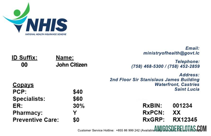 Cartão de seguro saúde de Santa Lúcia modelo